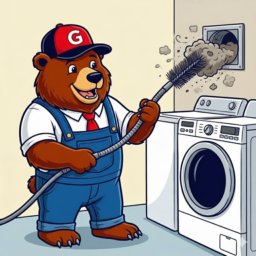 Grizzly Service Company mascot technician cleaning a dryer vent to prevent house fires and improve efficiency. Commercial and Residential Appliance Repair in Atlanta - Grizzly Service Company