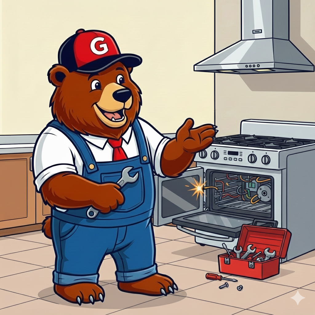 Grizzly Service Company mascot technician fixing a kitchen oven and stove range. Commercial and Residential Appliance Repair in Atlanta - Grizzly Service Company